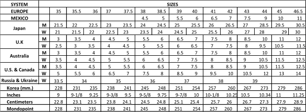 Camel Shoes Size Chart